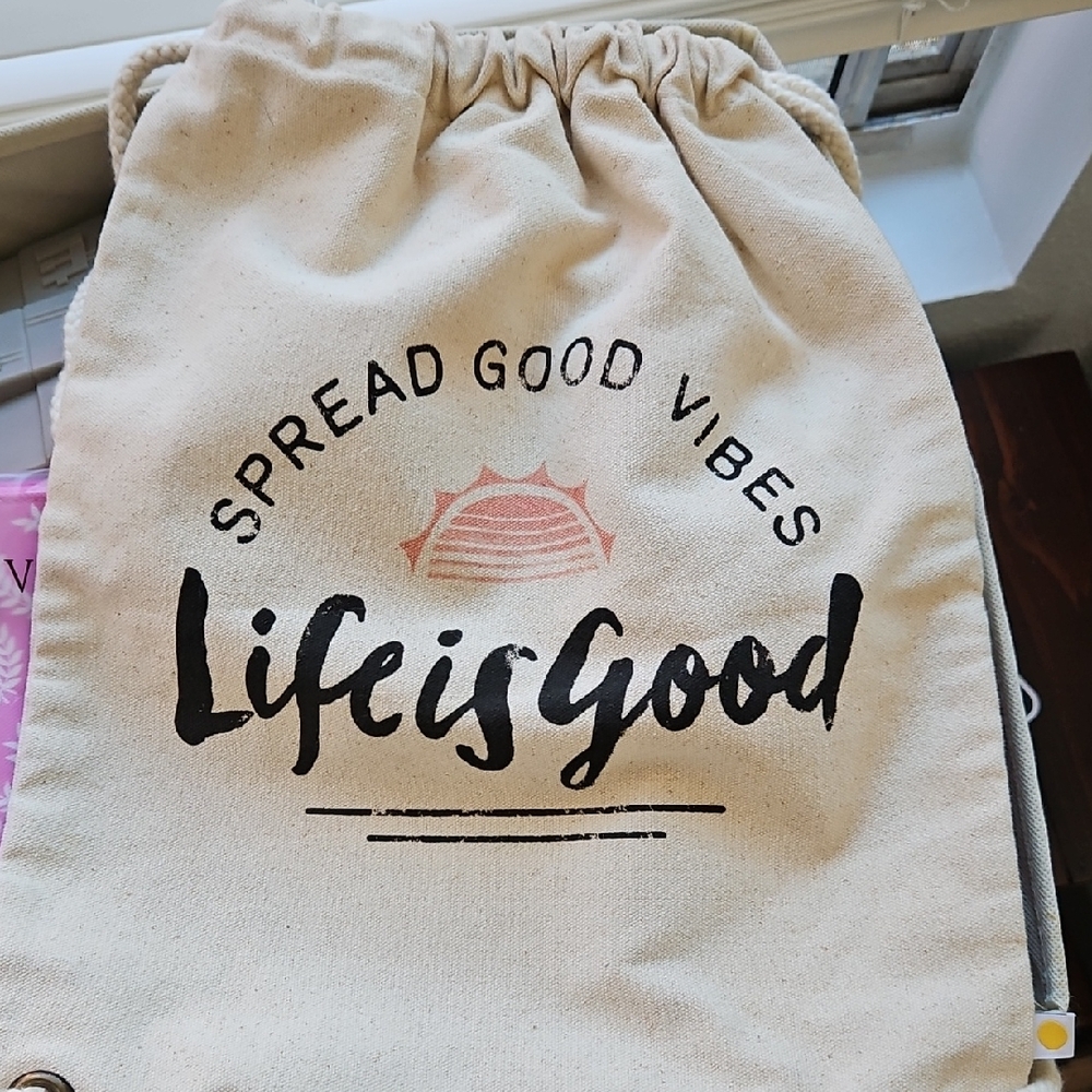 Life Is Good Cream Canvas Bag with Black Print